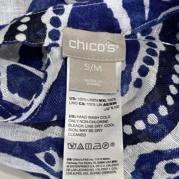 Artsy Chicos Womens 100% Linen Ikat Printed Poncho Beach Top White Blue S/M Boho - Picture 10 of 10